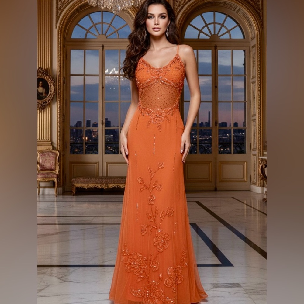 Elegant orange hand beaded and embroidered‎ Attitudes by Debra Dress